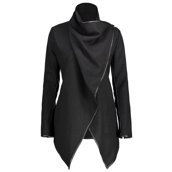 Christine-Leather Trim Wrap Collar Jacket - Picture 3 of 8